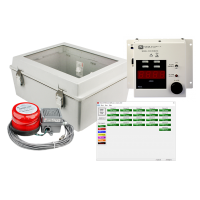 Collage showing environmental enclosure, Model 272D remote display, strobe and horn, and screenshot of Model 375 Ethernet software