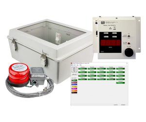 Collage showing environmental enclosure, Model 272D remote display, strobe and horn, and screenshot of Model 375 Ethernet software